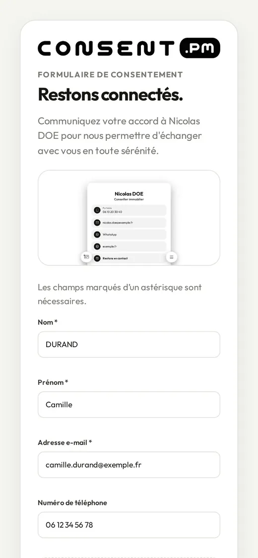Formulaire de consentement sur mobile : coordonnées et cases à cocher