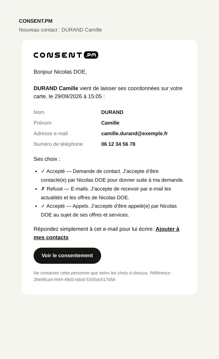 E-mail reçu par le conseiller : nouveau contact et ses choix