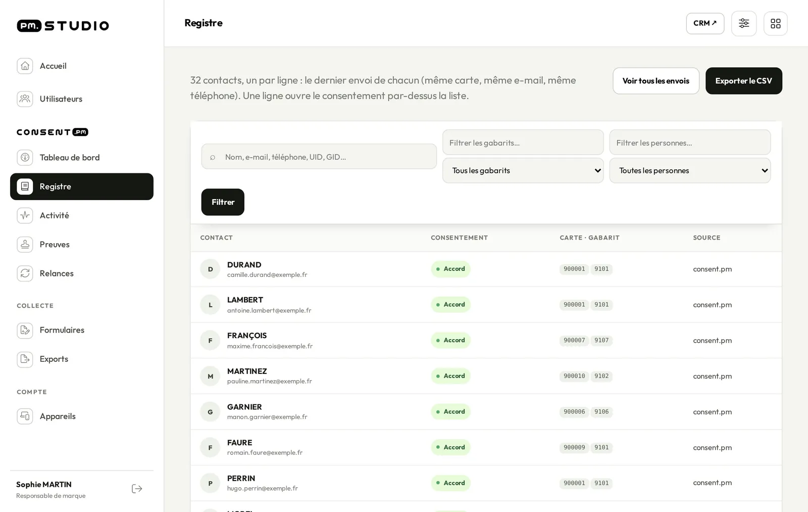 Registre consent.pm : liste des contacts avec statut, carte et source