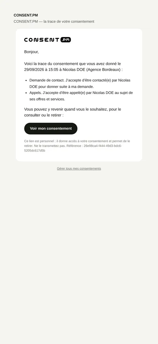 E-mail reçu par le prospect avec la trace de son consentement